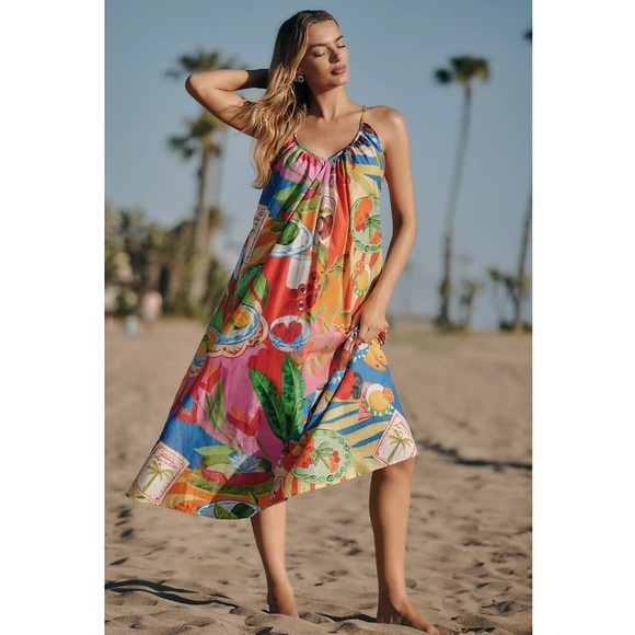 Farm Rio Summer Picnic Sleeveless V-Neck Midi Dress Size Medium NWT New - Picture 2 of 16